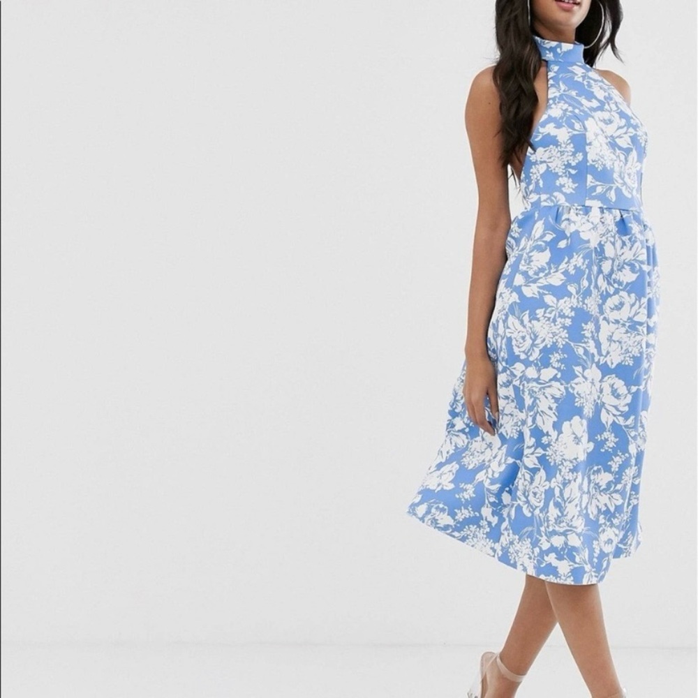 NWT ASOS Design Blue & White Floral Halter Midi Skater Fit & Flare Dress size 0 - Picture 2 of 10